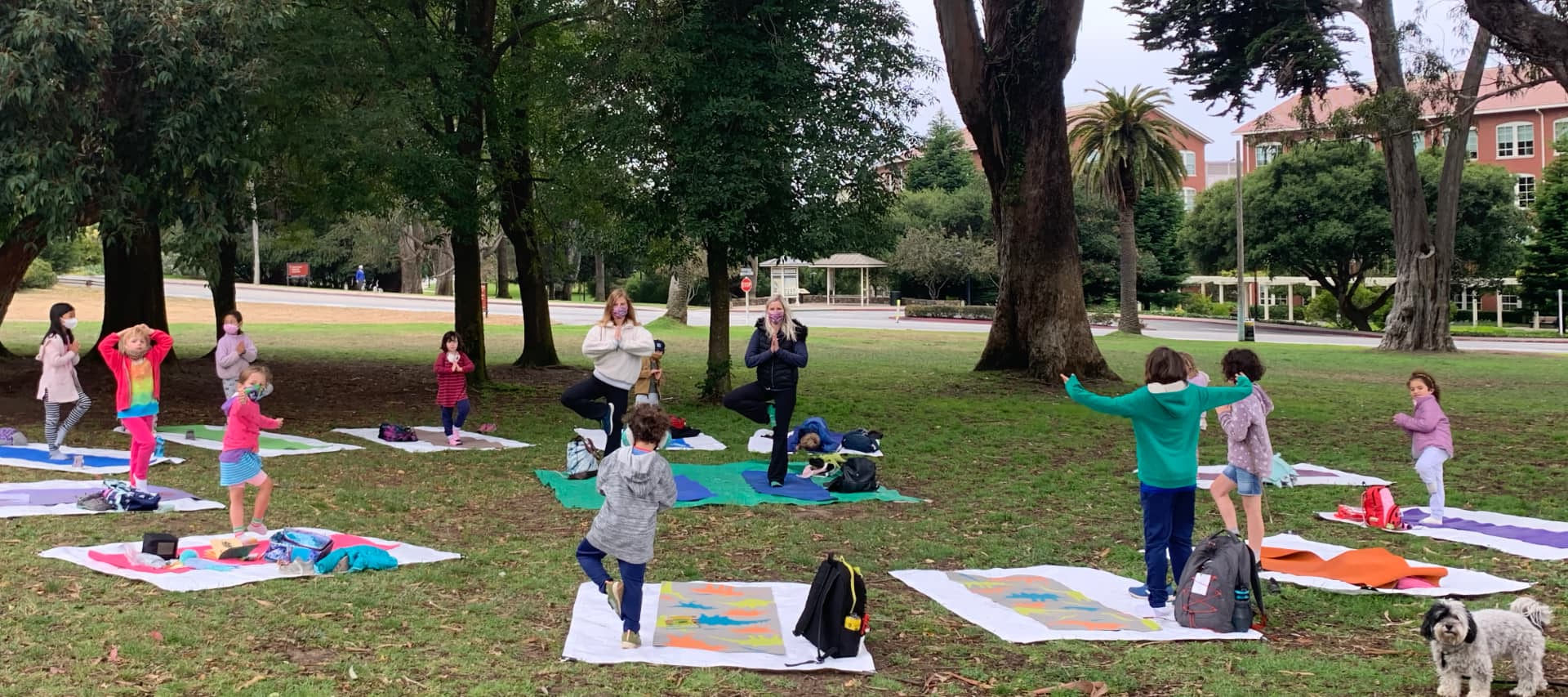 A group of kids doing a yoga camp outside.