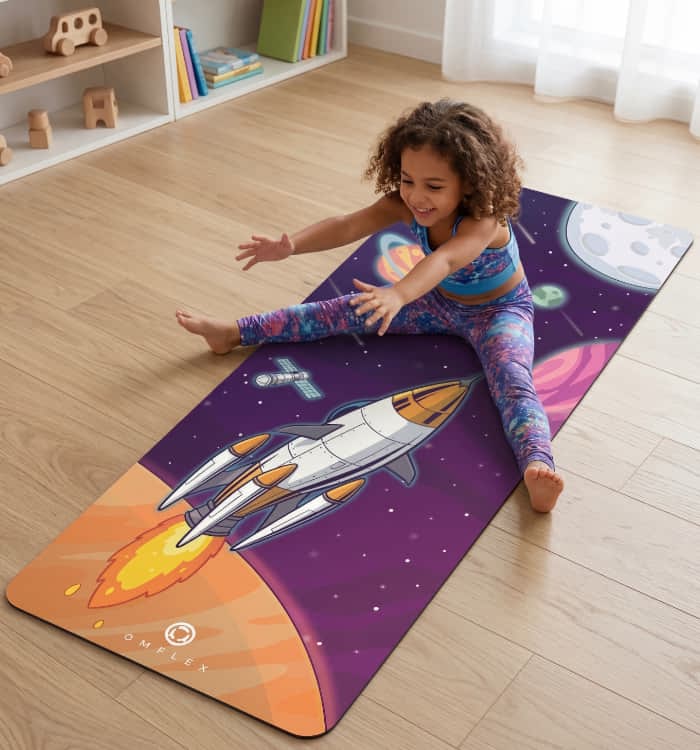 Girl on rocket yoga mat.