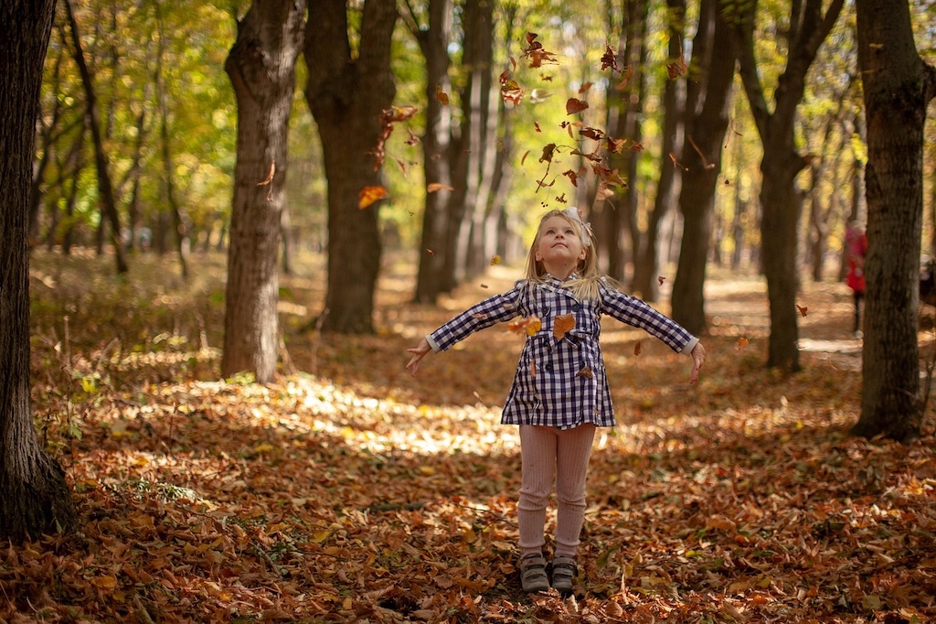 A girl in the woods tossing fallen leaves