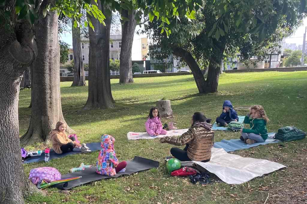 A group of kids sitting in the trees in the Presidio