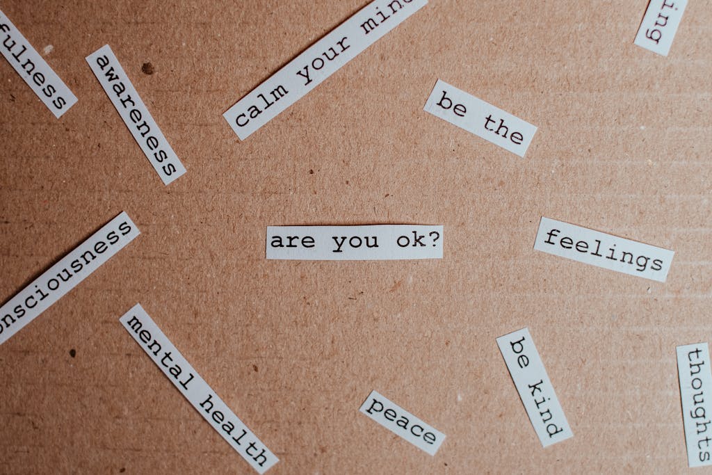 Pieces of paper with mental health words